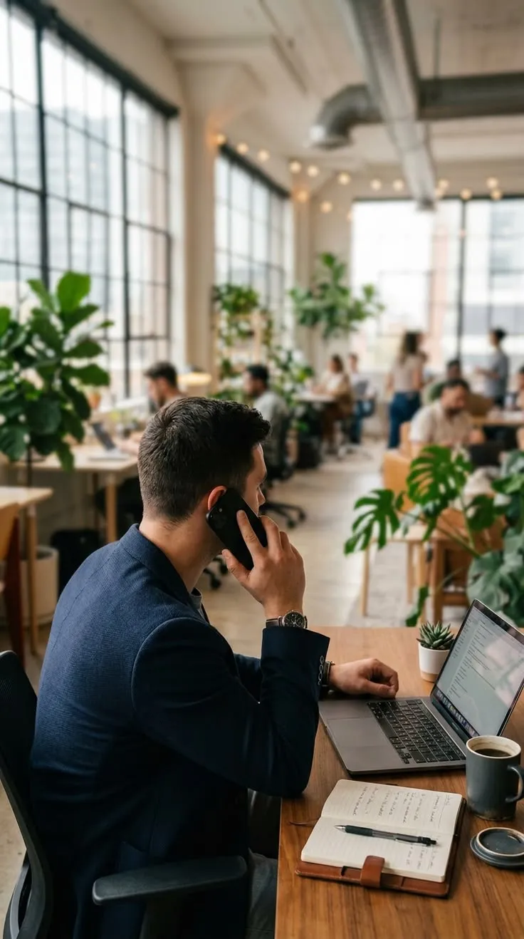 A customer on the phone at a plant-filled desk, mid conversation